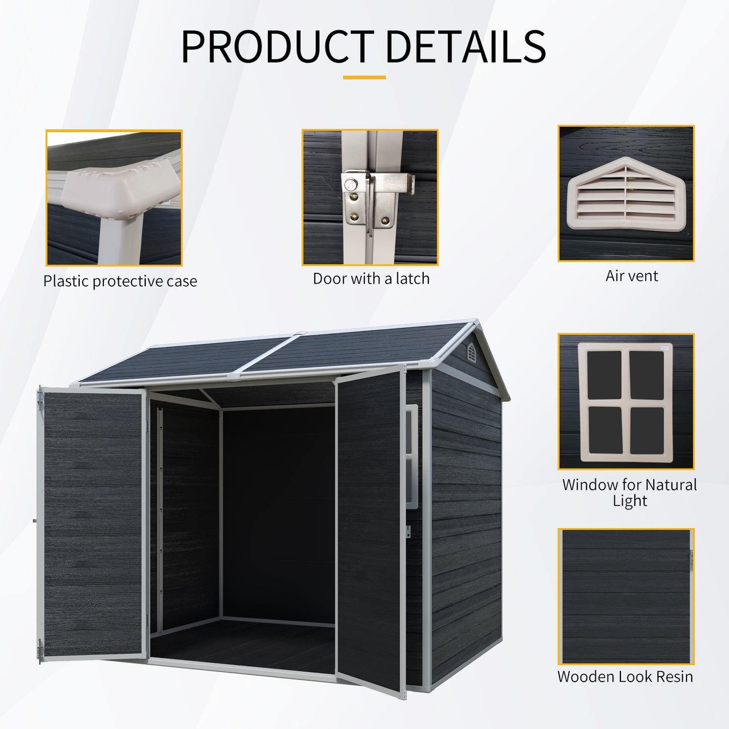 8 x 6ft Resin Outdoor Storage Shed Waterproof Shed with Floor & Two Windows & Lockable Door, Tool Shed for Garden, Patio, Backyard ,Black