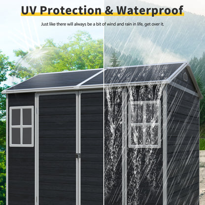 8 x 6ft Resin Outdoor Storage Shed Waterproof Shed with Floor & Two Windows & Lockable Door, Tool Shed for Garden, Patio, Backyard ,Black