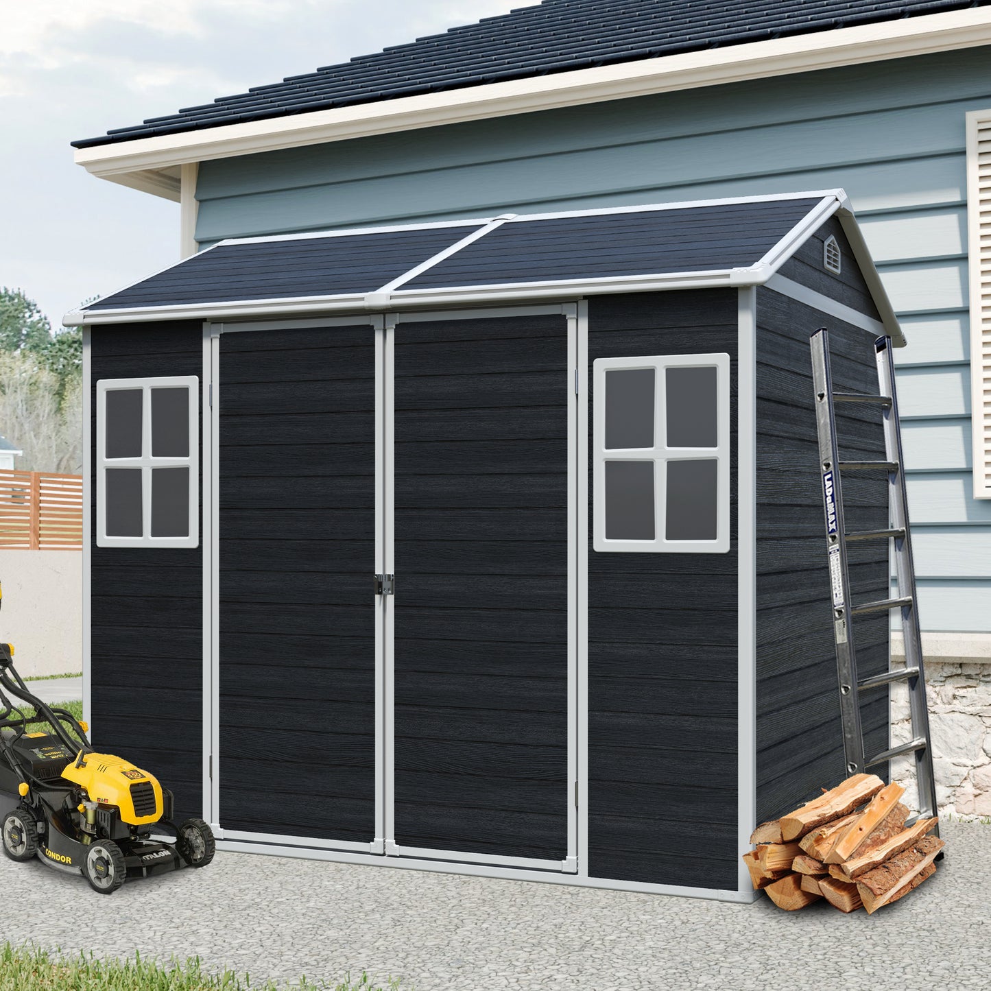 8 x 6ft Resin Outdoor Storage Shed Waterproof Shed with Floor & Two Windows & Lockable Door, Tool Shed for Garden, Patio, Backyard ,Black