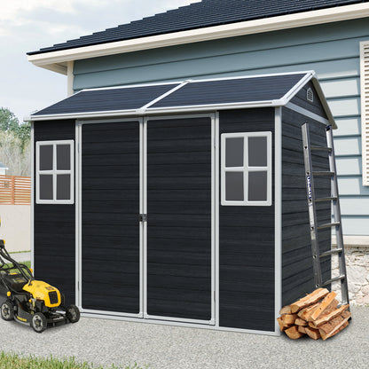 8 x 6ft Resin Outdoor Storage Shed Waterproof Shed with Floor & Two Windows & Lockable Door, Tool Shed for Garden, Patio, Backyard ,Black