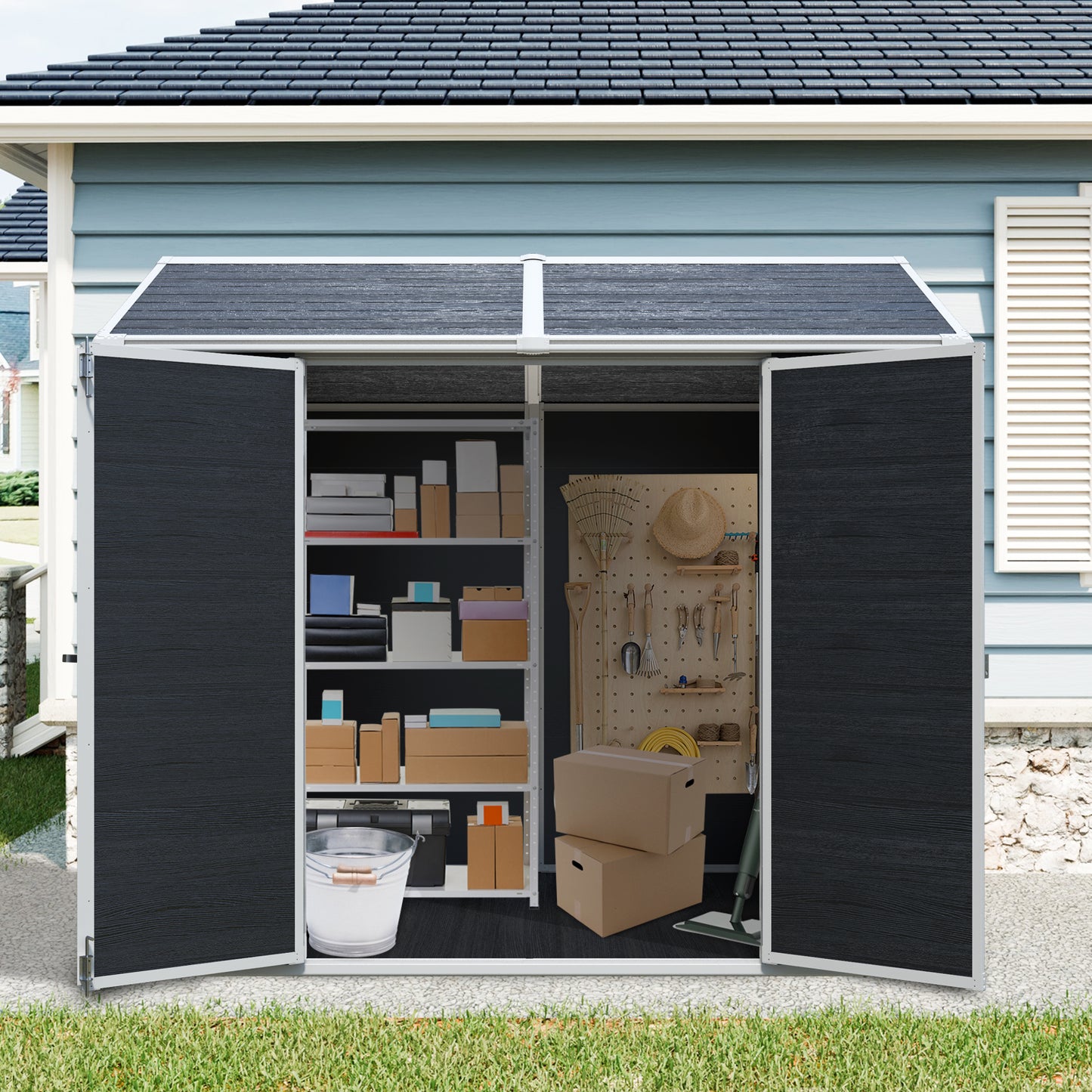 8 x 6ft Resin Outdoor Storage Shed Waterproof Shed with Floor & Two Windows & Lockable Door, Tool Shed for Garden, Patio, Backyard ,Black