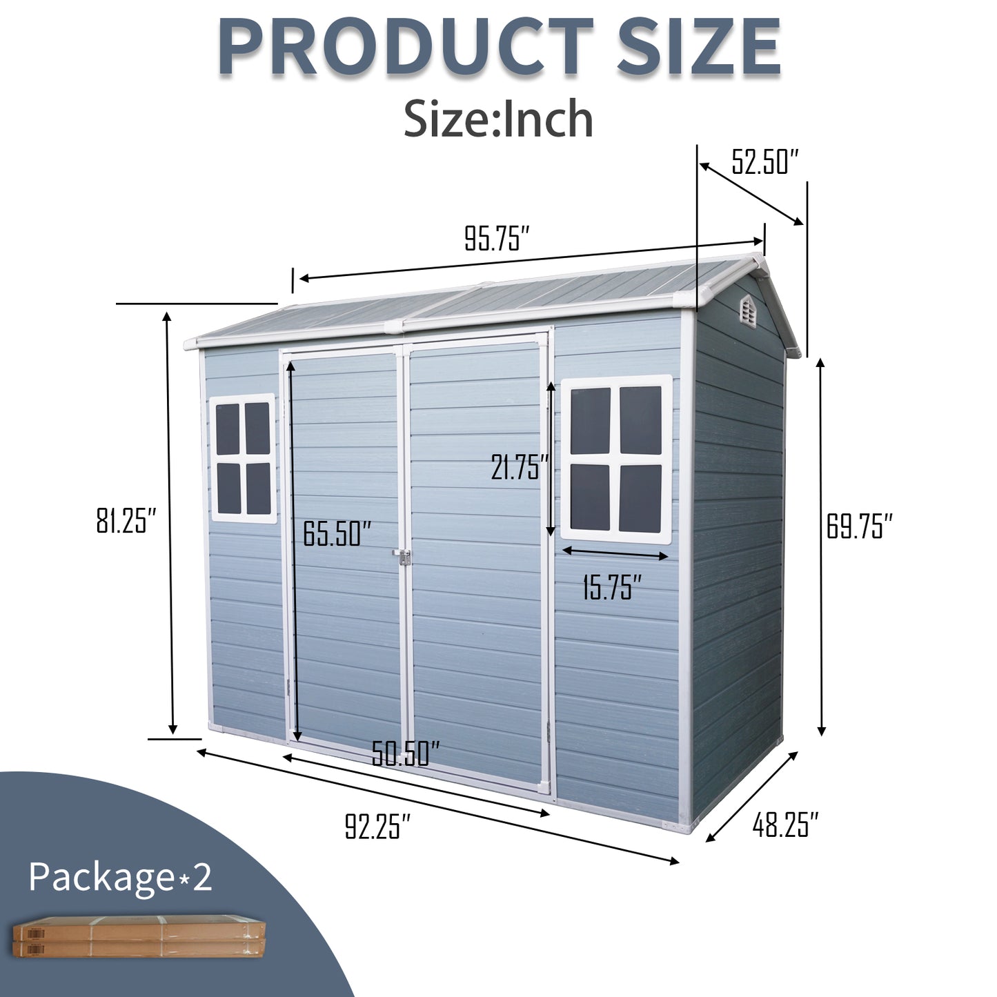 8 ft x 4 ft Outdoor Storage Shed with Two-Window and Double-Door, Plastic Shed with Floor for Gargen,Patio,Yard,Lawn,gray (W540S00045)