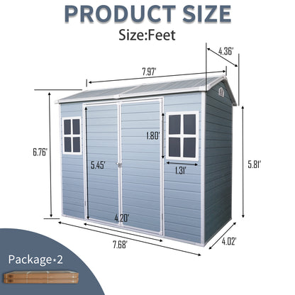 8 ft x 4 ft Outdoor Storage Shed with Two-Window and Double-Door, Plastic Shed with Floor for Gargen,Patio,Yard,Lawn,gray (W540S00045)