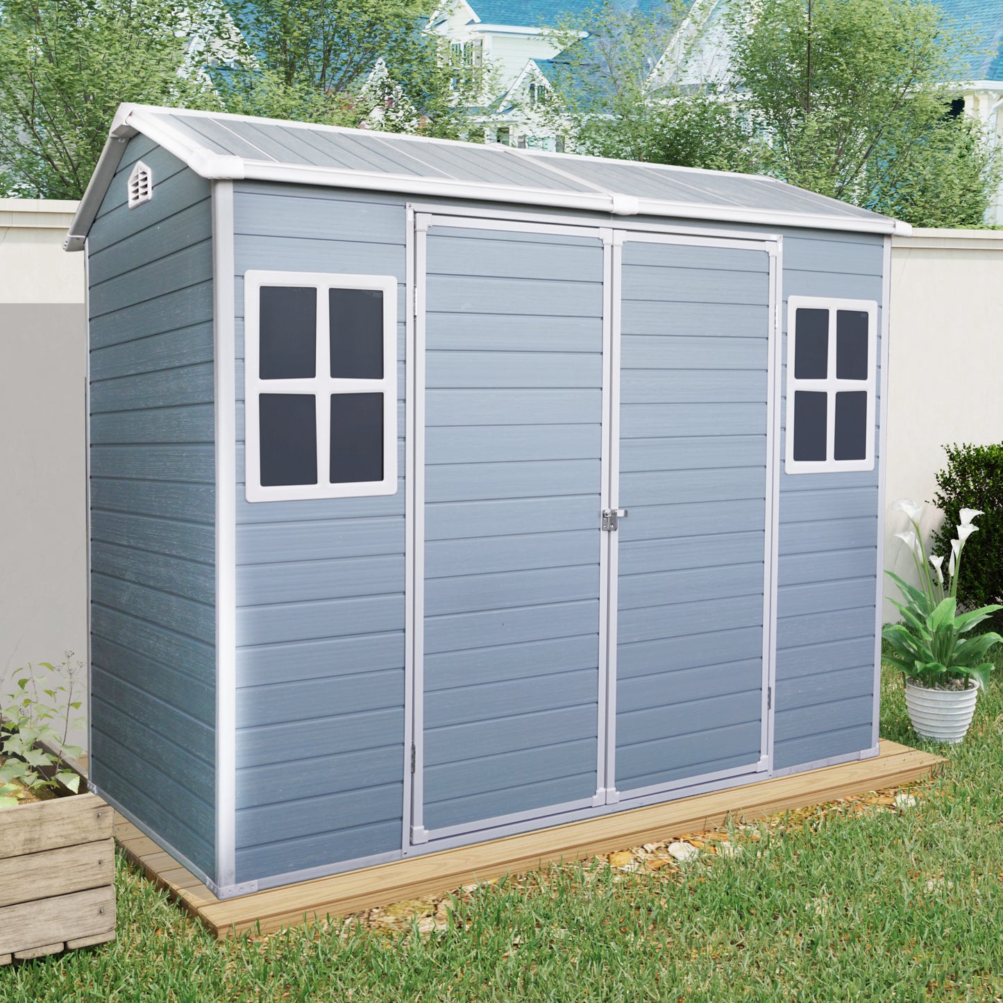8 ft x 4 ft Outdoor Storage Shed with Two-Window and Double-Door, Plastic Shed with Floor for Gargen,Patio,Yard,Lawn,gray (W540S00045)