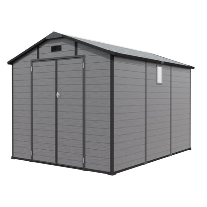 8x10 FT Plastic Outdoor Storage Shed - Lockable Resin Tool Shed with Window & Floor, Dark Gray