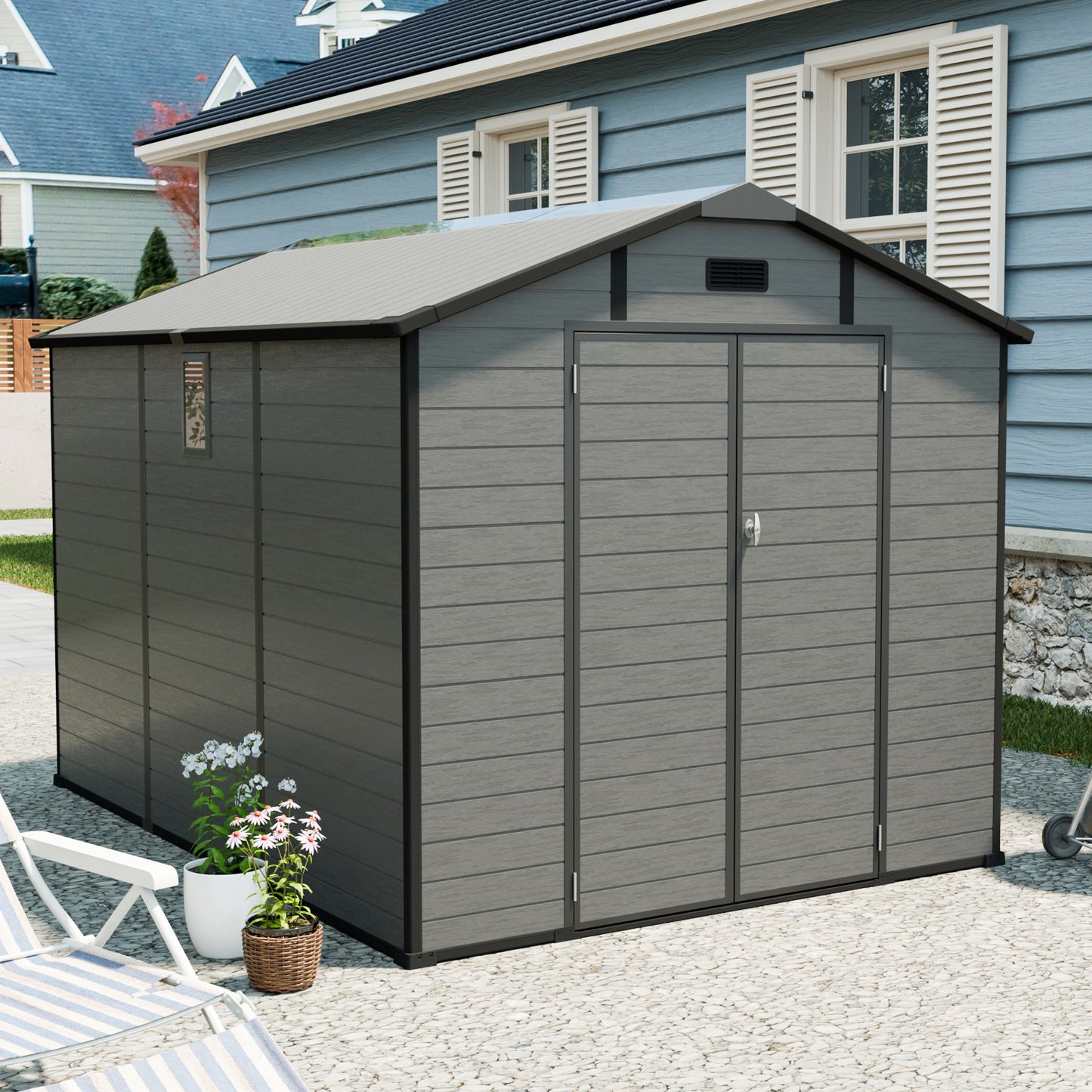 8x10 FT Plastic Outdoor Storage Shed - Lockable Resin Tool Shed with Window & Floor, Dark Gray