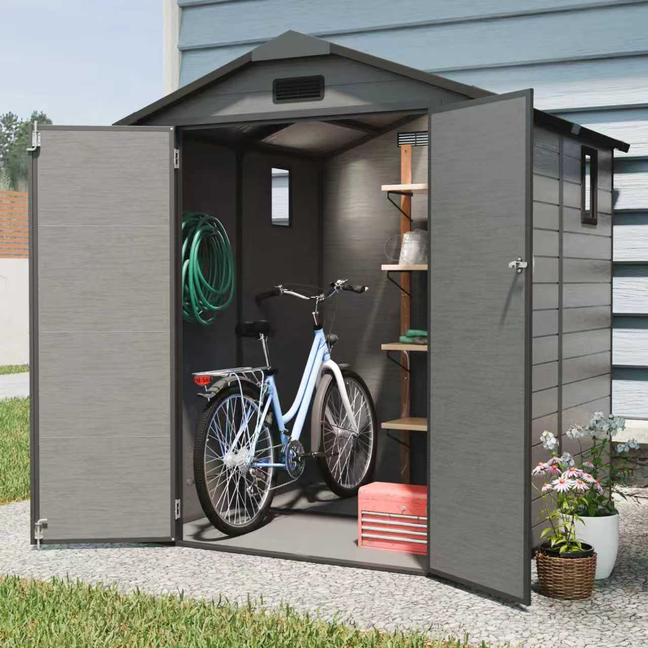 6x6 FT Plastic Outdoor Storage Shed - Lockable Resin Tool Shed with Window & Floor, Dark Gray