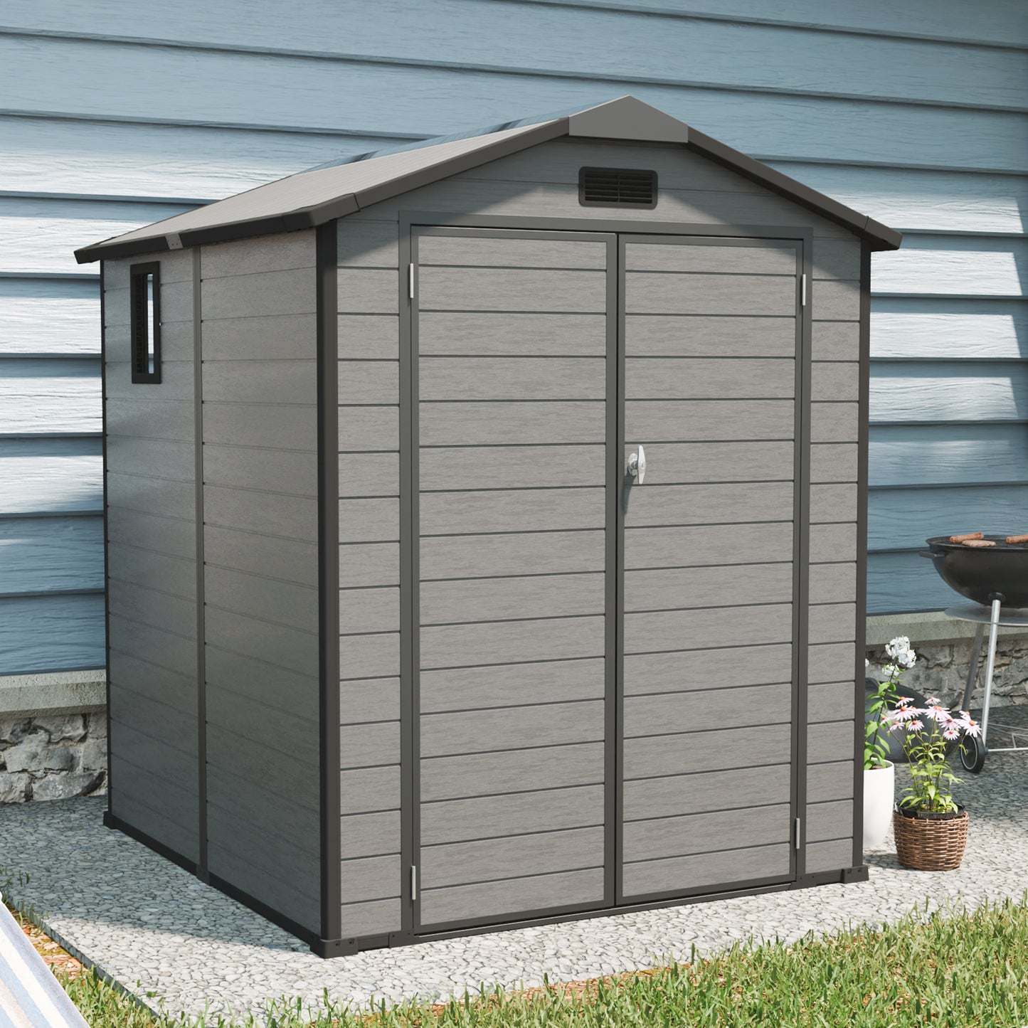 6x6 FT Plastic Outdoor Storage Shed - Lockable Resin Tool Shed with Window & Floor, Dark Gray