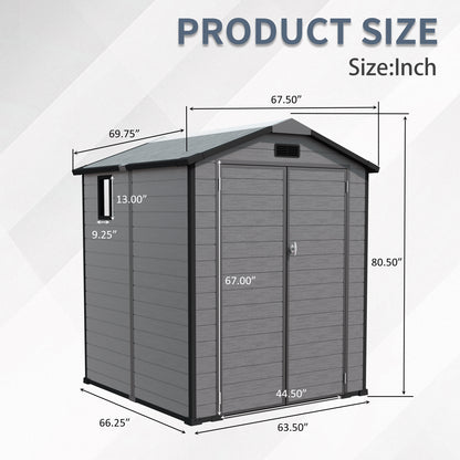 6x6 FT Plastic Outdoor Storage Shed - Lockable Resin Tool Shed with Window & Floor, Dark Gray