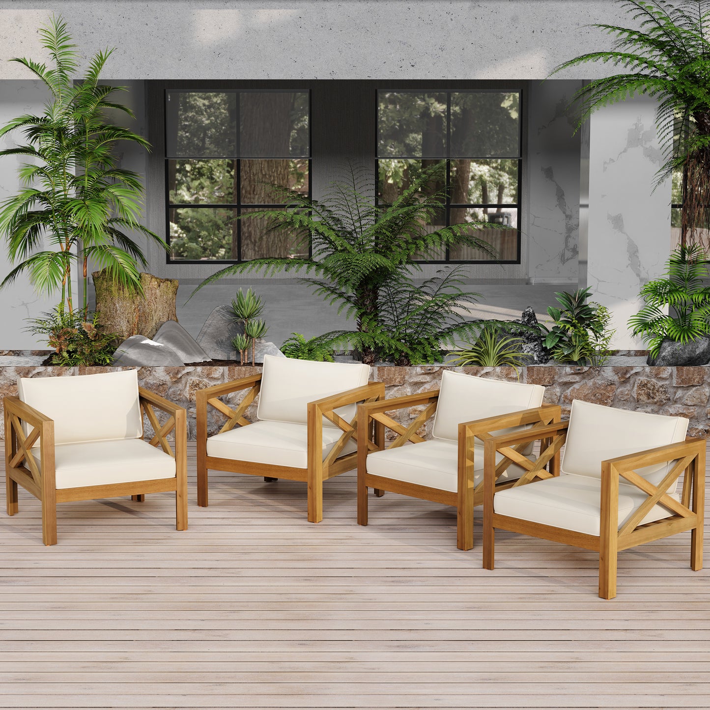 Outdoor Acacia Wood Club Wooden Armchair with Cushions (Set of 4), Conversation Set,Suitable For Outdoor Gatherings,Teak Finish,Beige Cushion