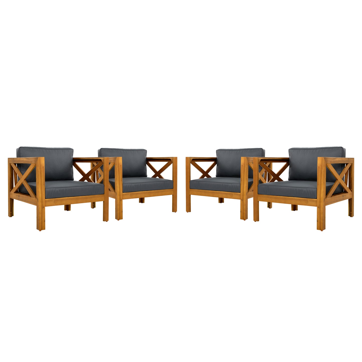 Outdoor Acacia Wood Club Wooden Armchair with Cushions (Set of 4), Conversation Set,Suitable For Outdoor Gatherings,Teak Finish,Dark Grey cushion