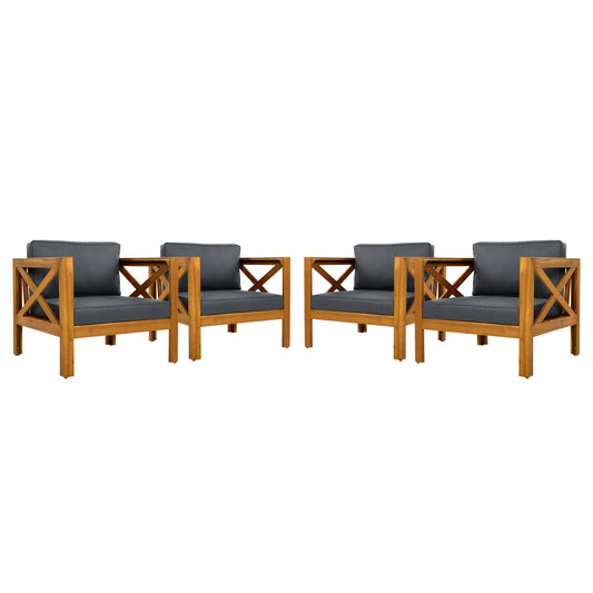 Outdoor Acacia Wood Club Wooden Armchair with Cushions (Set of 4), Conversation Set,Suitable For Outdoor Gatherings,Teak Finish,Dark Grey cushion