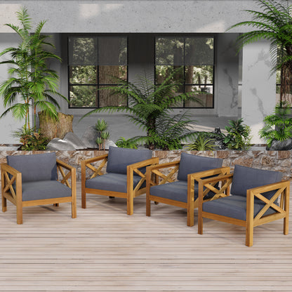 Outdoor Acacia Wood Club Wooden Armchair with Cushions (Set of 4), Conversation Set,Suitable For Outdoor Gatherings,Teak Finish,Dark Grey cushion