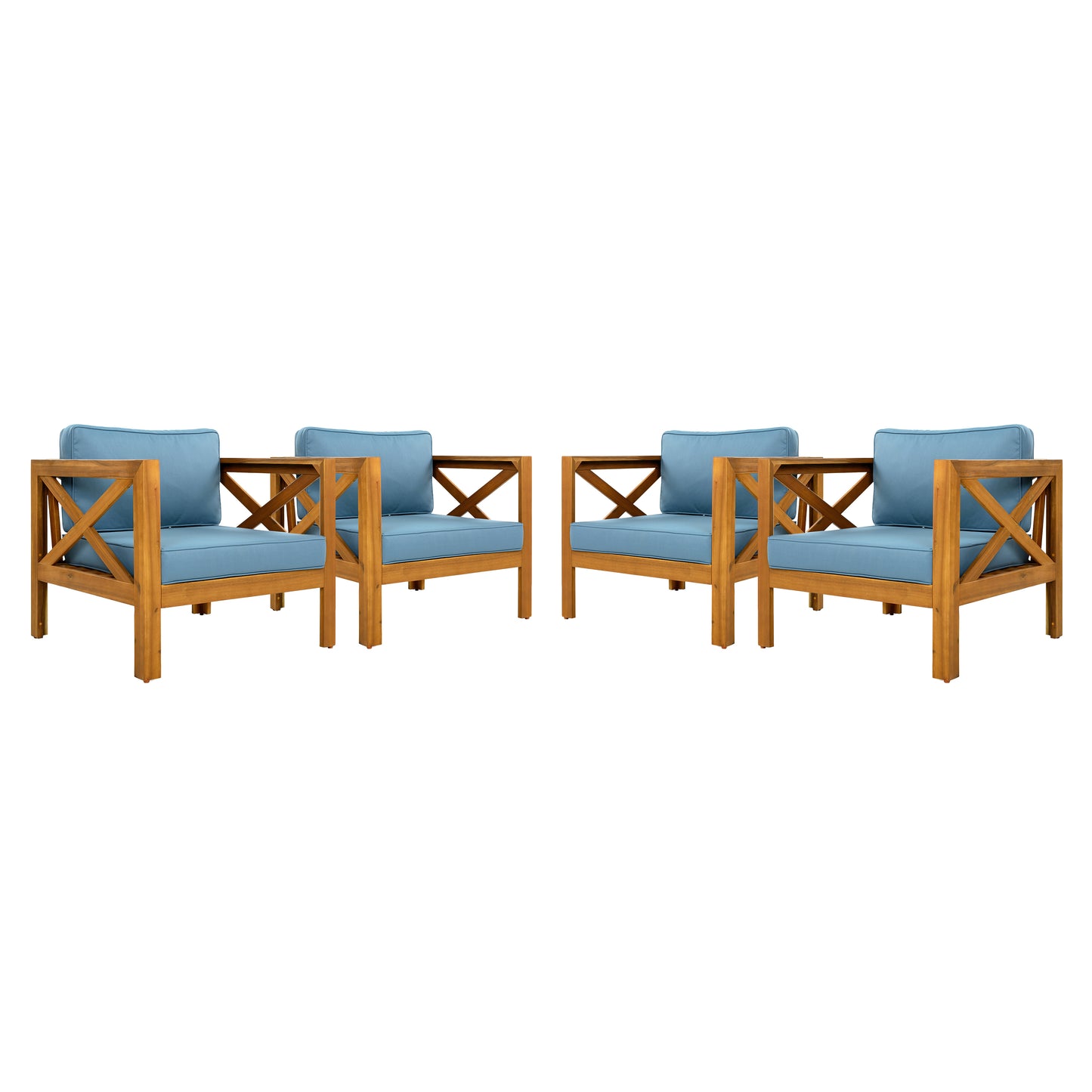 Outdoor Acacia Wood Club Wooden Armchair with Cushions (Set of 4), Conversation Set,Suitable For Outdoor Gatherings,Teak Finish,Blue cushion