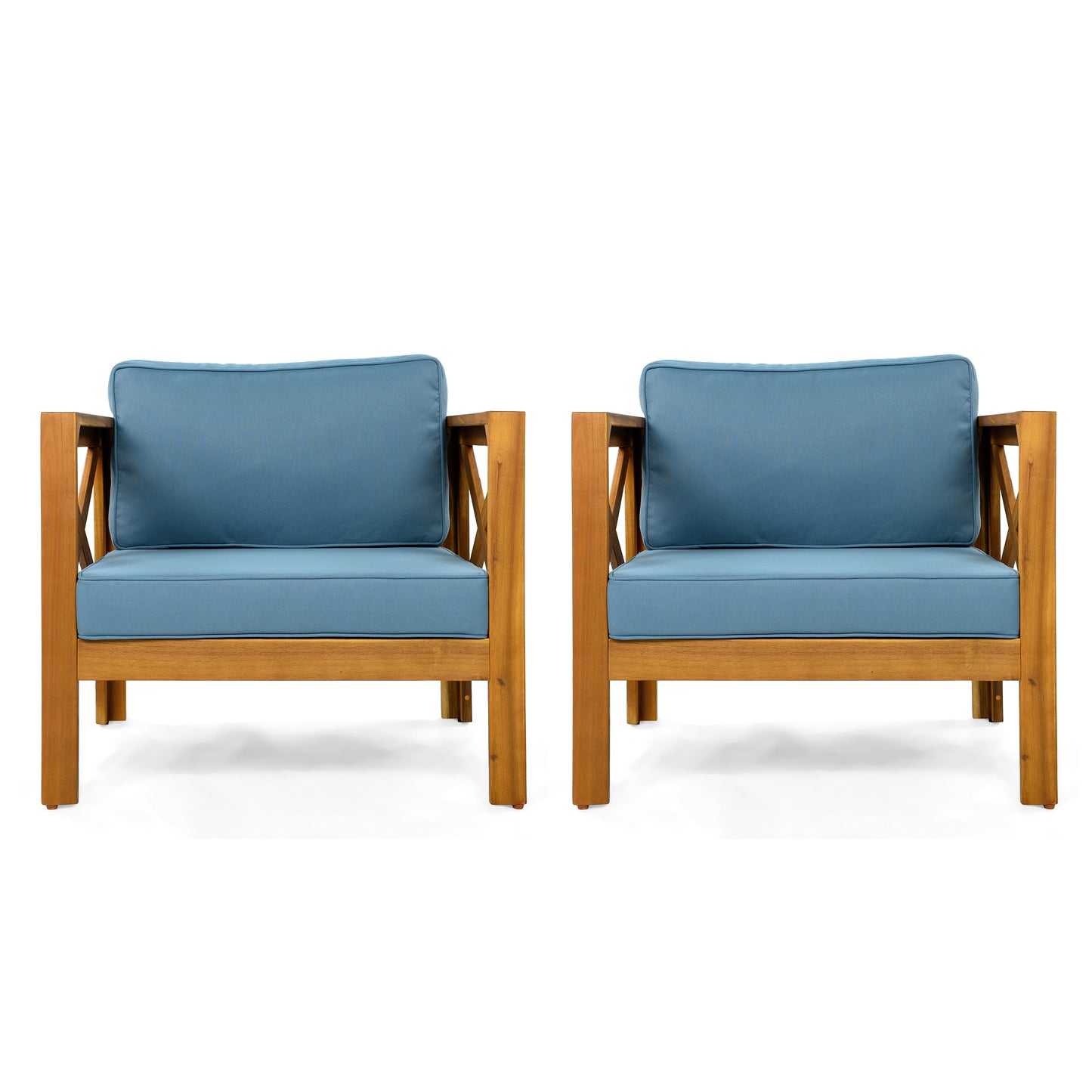 Outdoor Acacia Wood Club Wooden Armchair with Cushions (Set of 4), Conversation Set,Suitable For Outdoor Gatherings,Teak Finish,Blue cushion