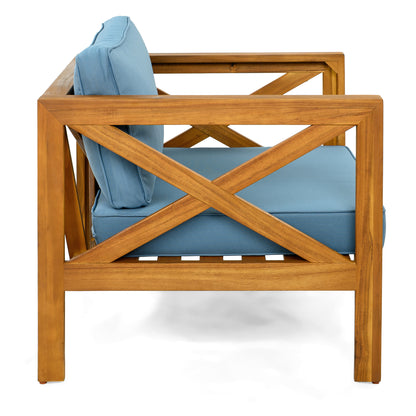Outdoor Acacia Wood Club Wooden Armchair with Cushions (Set of 4), Conversation Set,Suitable For Outdoor Gatherings,Teak Finish,Blue cushion
