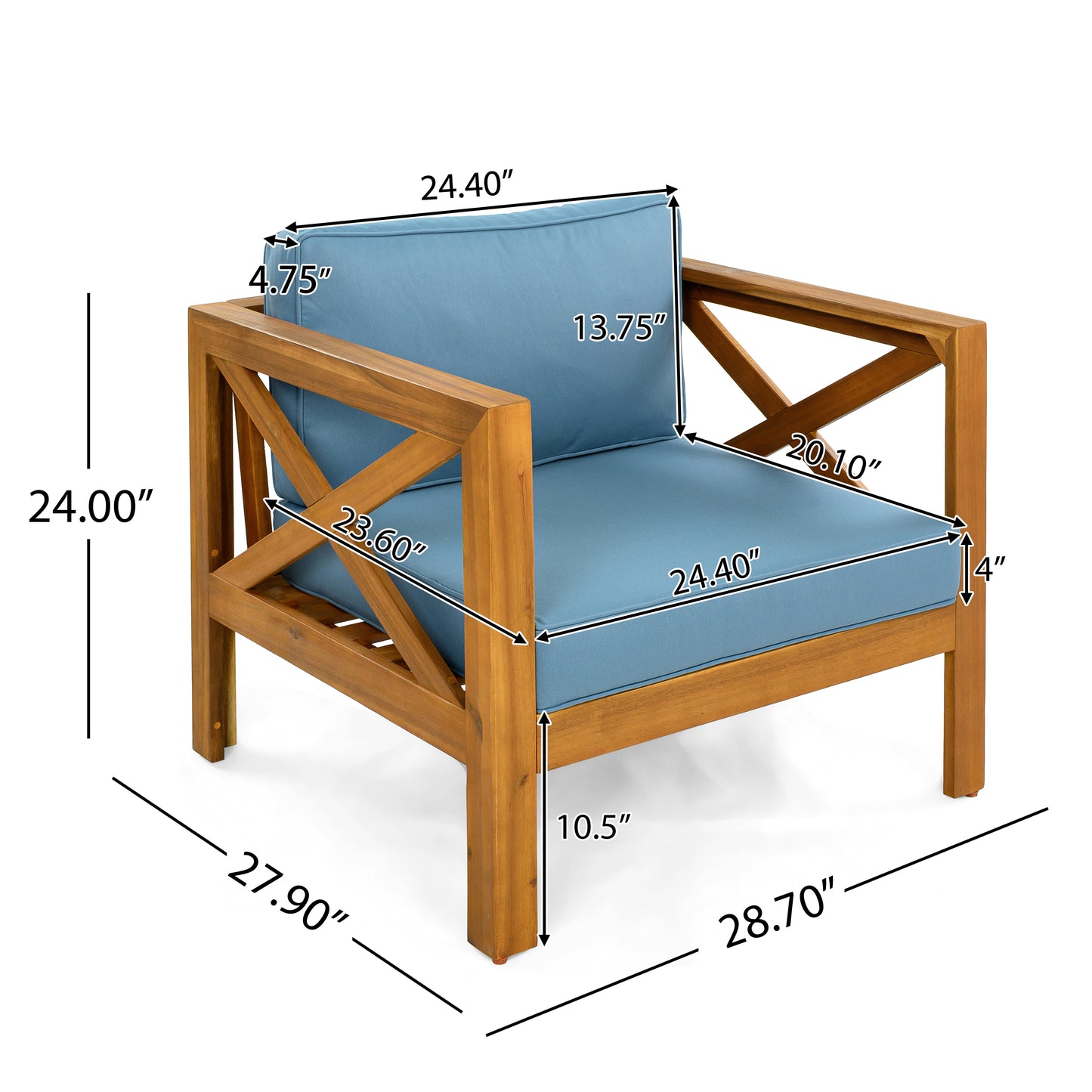 Outdoor Acacia Wood Club Wooden Armchair with Cushions (Set of 4), Conversation Set,Suitable For Outdoor Gatherings,Teak Finish,Blue cushion