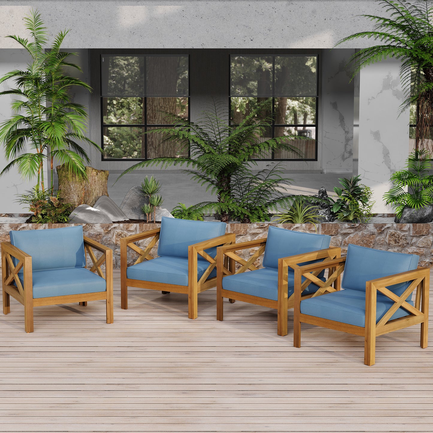 Outdoor Acacia Wood Club Wooden Armchair with Cushions (Set of 4), Conversation Set,Suitable For Outdoor Gatherings,Teak Finish,Blue cushion