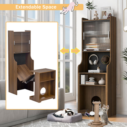 Modern Wooden Foldable Desk with Hutch & Storage, Home Office Pet-friendly Gaming Desk with Shelves, Space-Saving Workstation with Free Cat Bed & Scratching Post