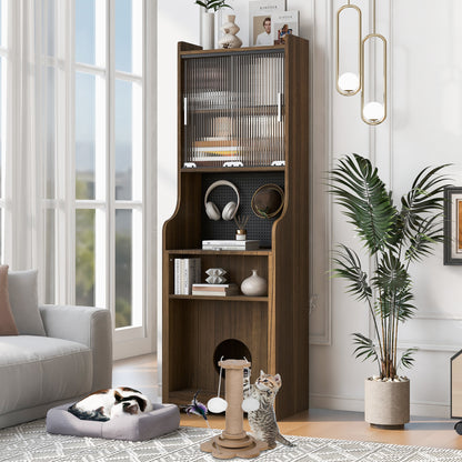 Modern Wooden Foldable Desk with Hutch & Storage, Home Office Pet-friendly Gaming Desk with Shelves, Space-Saving Workstation with Free Cat Bed & Scratching Post