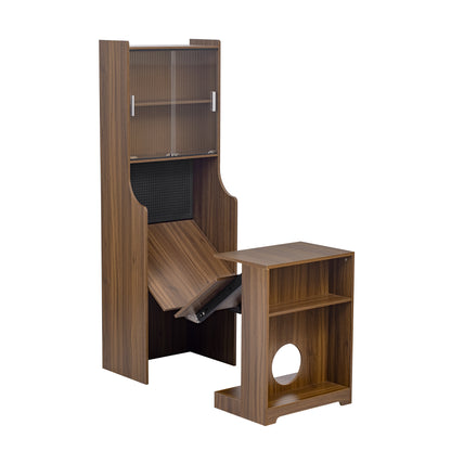 Modern Wooden Foldable Desk with Hutch & Storage, Home Office Pet-friendly Gaming Desk with Shelves, Space-Saving Workstation with Free Cat Bed & Scratching Post