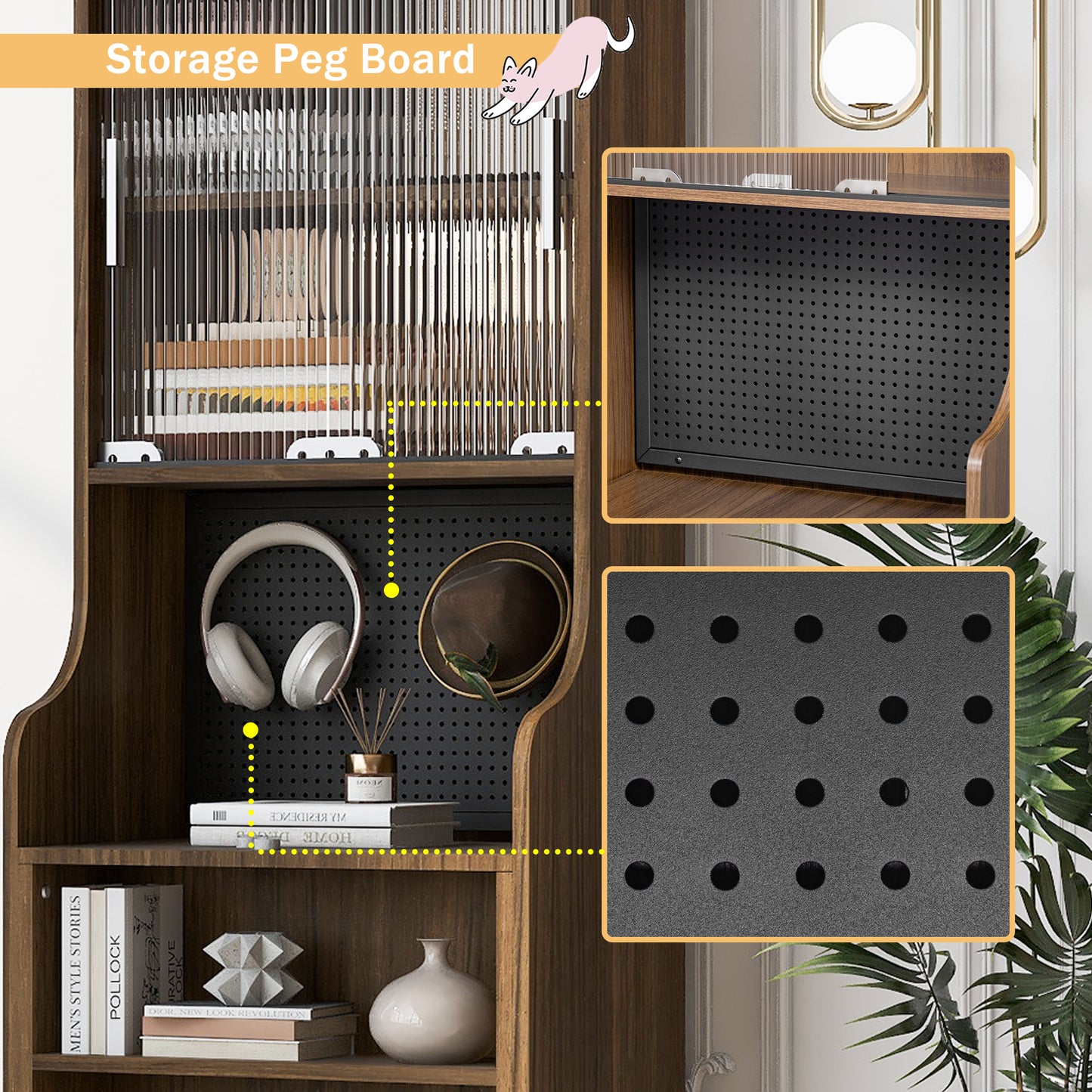 Modern Wooden Foldable Desk with Hutch & Storage, Home Office Pet-friendly Gaming Desk with Shelves, Space-Saving Workstation with Free Cat Bed & Scratching Post