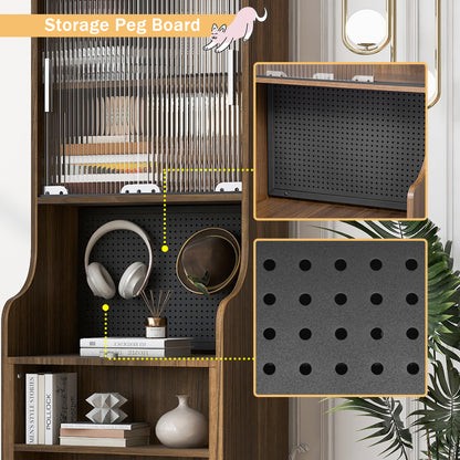 Modern Wooden Foldable Desk with Hutch & Storage, Home Office Pet-friendly Gaming Desk with Shelves, Space-Saving Workstation with Free Cat Bed & Scratching Post