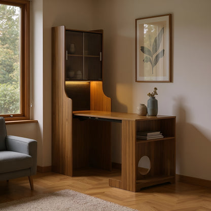 Modern Wooden Foldable Desk with Hutch & Storage, Home Office Pet-friendly Gaming Desk with Shelves, Space-Saving Workstation with Free Cat Bed & Scratching Post