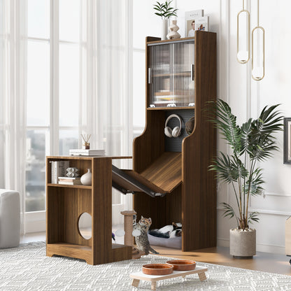 Modern Wooden Foldable Desk with Hutch & Storage, Home Office Pet-friendly Gaming Desk with Shelves, Space-Saving Workstation with Free Cat Bed & Scratching Post