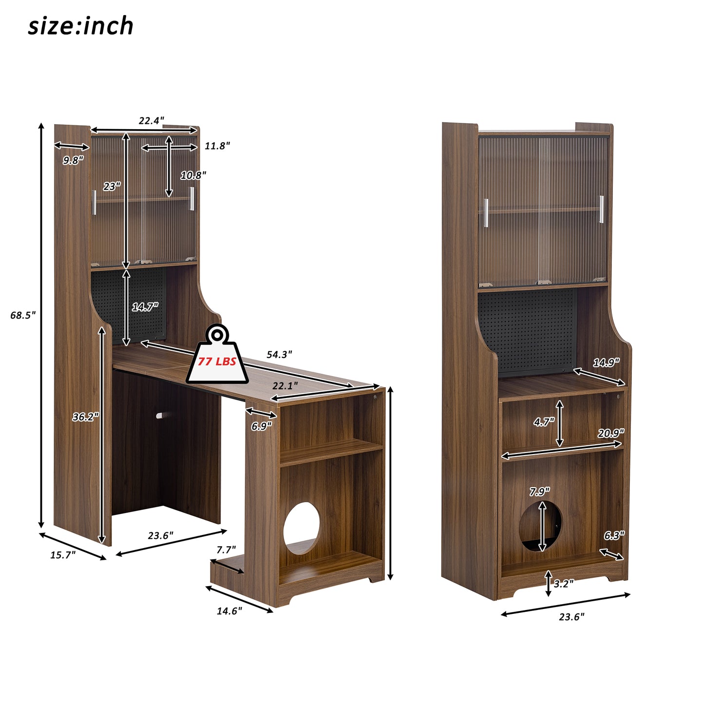 Modern Wooden Foldable Desk with Hutch & Storage, Home Office Pet-friendly Gaming Desk with Shelves, Space-Saving Workstation with Free Cat Bed & Scratching Post