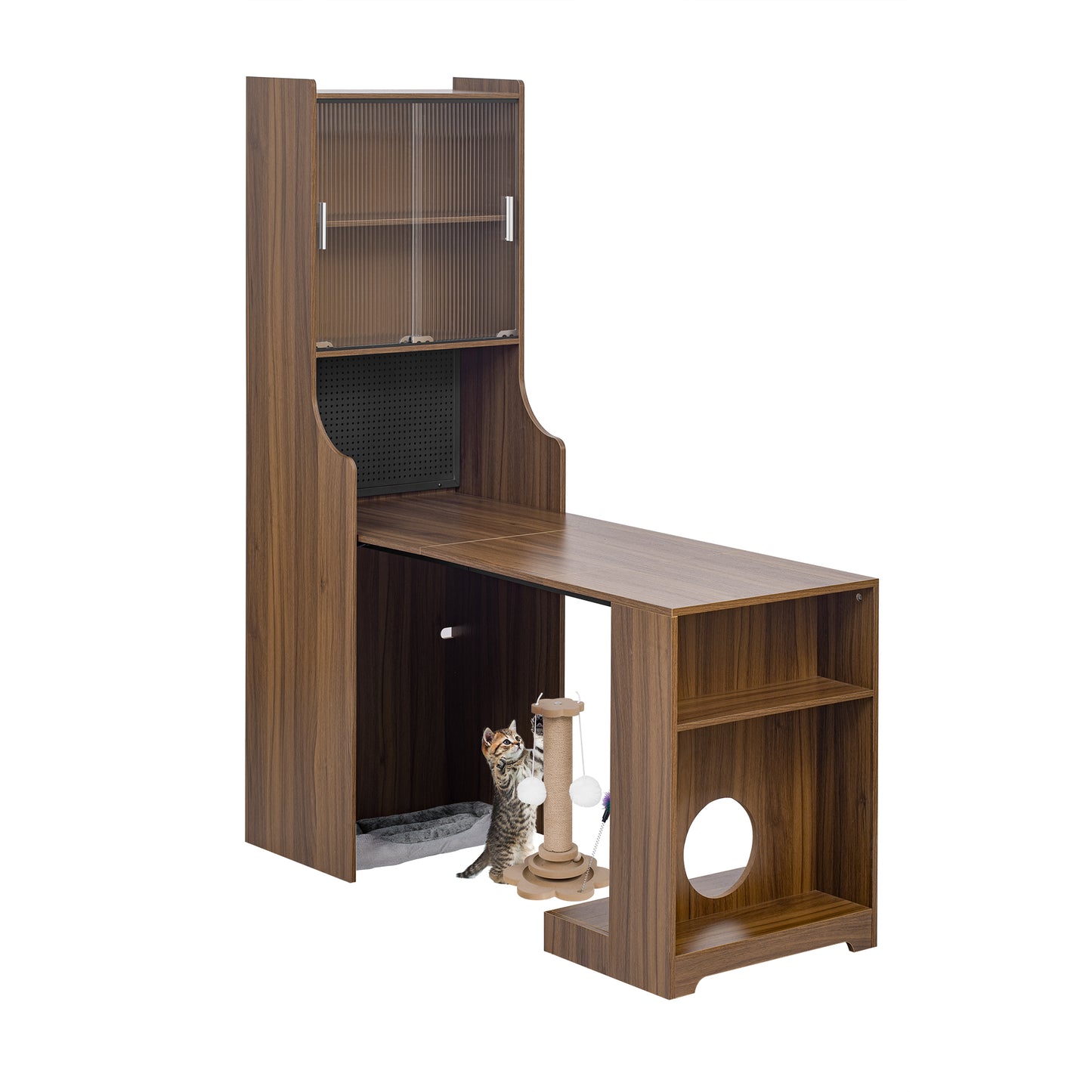 Modern Wooden Foldable Desk with Hutch & Storage, Home Office Pet-friendly Gaming Desk with Shelves, Space-Saving Workstation with Free Cat Bed & Scratching Post