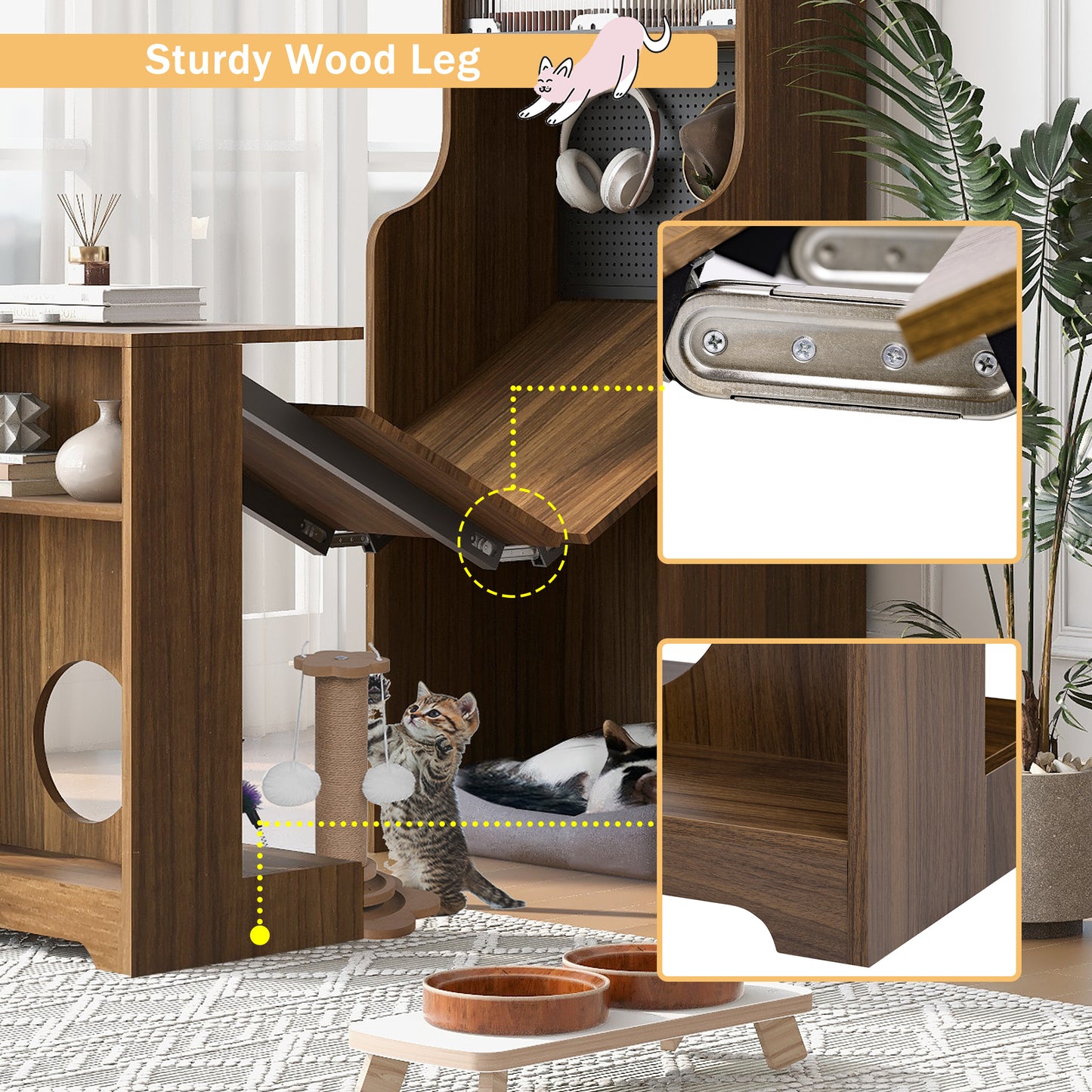 Modern Wooden Foldable Desk with Hutch & Storage, Home Office Pet-friendly Gaming Desk with Shelves, Space-Saving Workstation with Free Cat Bed & Scratching Post