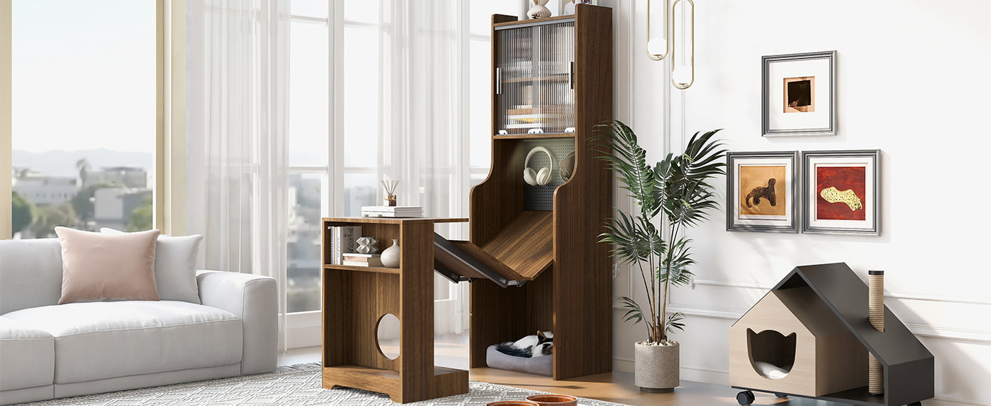 Modern Wooden Foldable Desk with Hutch & Storage, Home Office Pet-friendly Gaming Desk with Shelves, Space-Saving Workstation with Free Cat Bed & Scratching Post