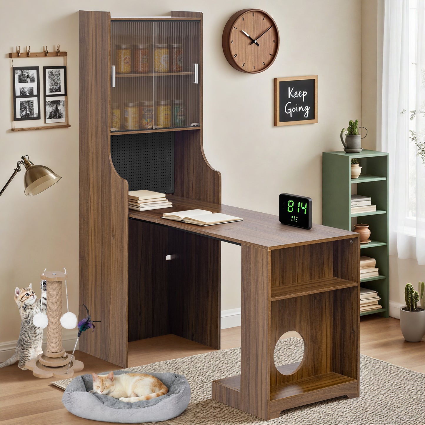 Modern Wooden Foldable Desk with Hutch & Storage, Home Office Pet-friendly Gaming Desk with Shelves, Space-Saving Workstation with Free Cat Bed & Scratching Post
