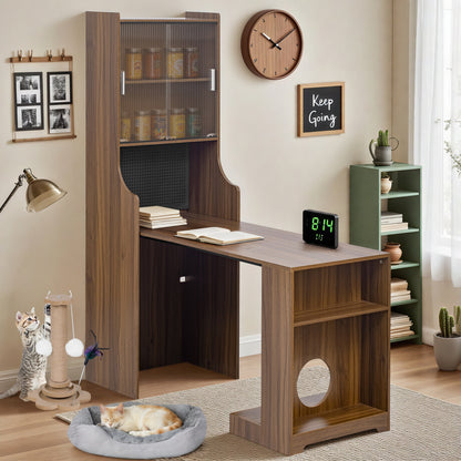 Modern Wooden Foldable Desk with Hutch & Storage, Home Office Pet-friendly Gaming Desk with Shelves, Space-Saving Workstation with Free Cat Bed & Scratching Post