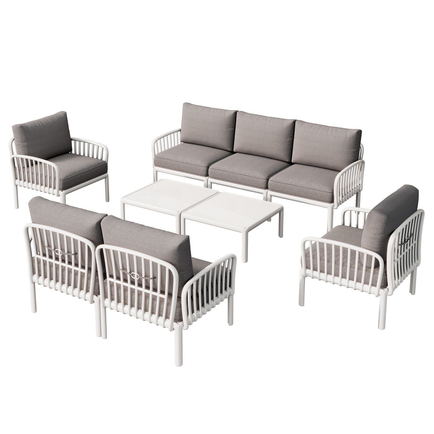 9 Piece Patio Conversation Sets, Modern Outdoor Patio Sectional Furniture Set with Two Square Coffee Table, Waterproof Thick Cushion Deep Seating for Porch, Balcony, White & Light Gray