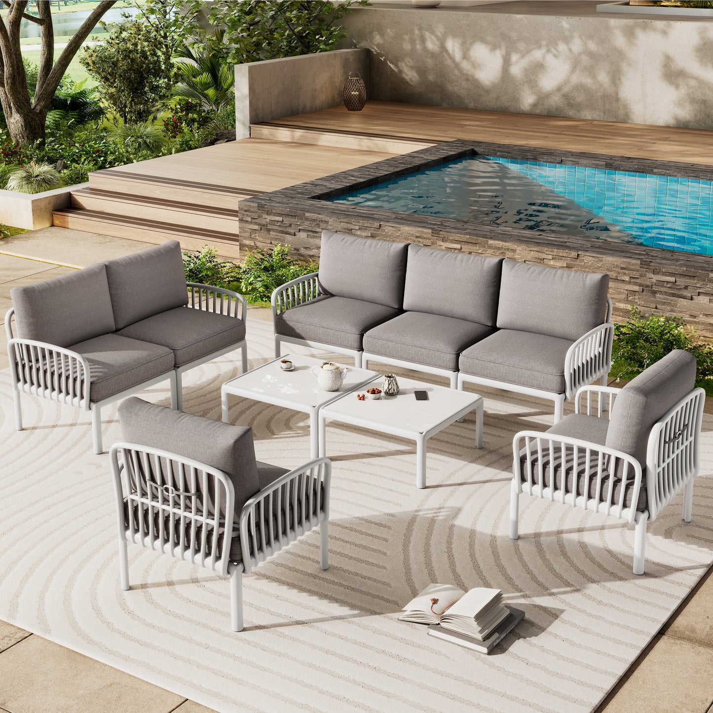 9 Piece Patio Conversation Sets, Modern Outdoor Patio Sectional Furniture Set with Two Square Coffee Table, Waterproof Thick Cushion Deep Seating for Porch, Balcony, White & Light Gray
