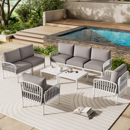 9 Piece Patio Conversation Sets, Modern Outdoor Patio Sectional Furniture Set with Two Square Coffee Table, Waterproof Thick Cushion Deep Seating for Porch, Balcony, White & Light Gray