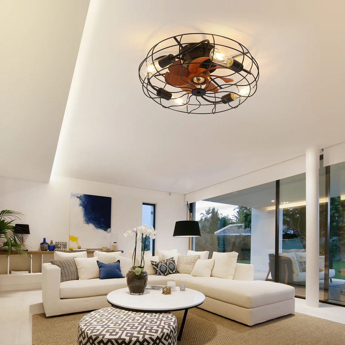 Indoor Low Profile 20 Inch Industrial 7 Blades Remote Control Ceiling Fan with Bulb Light