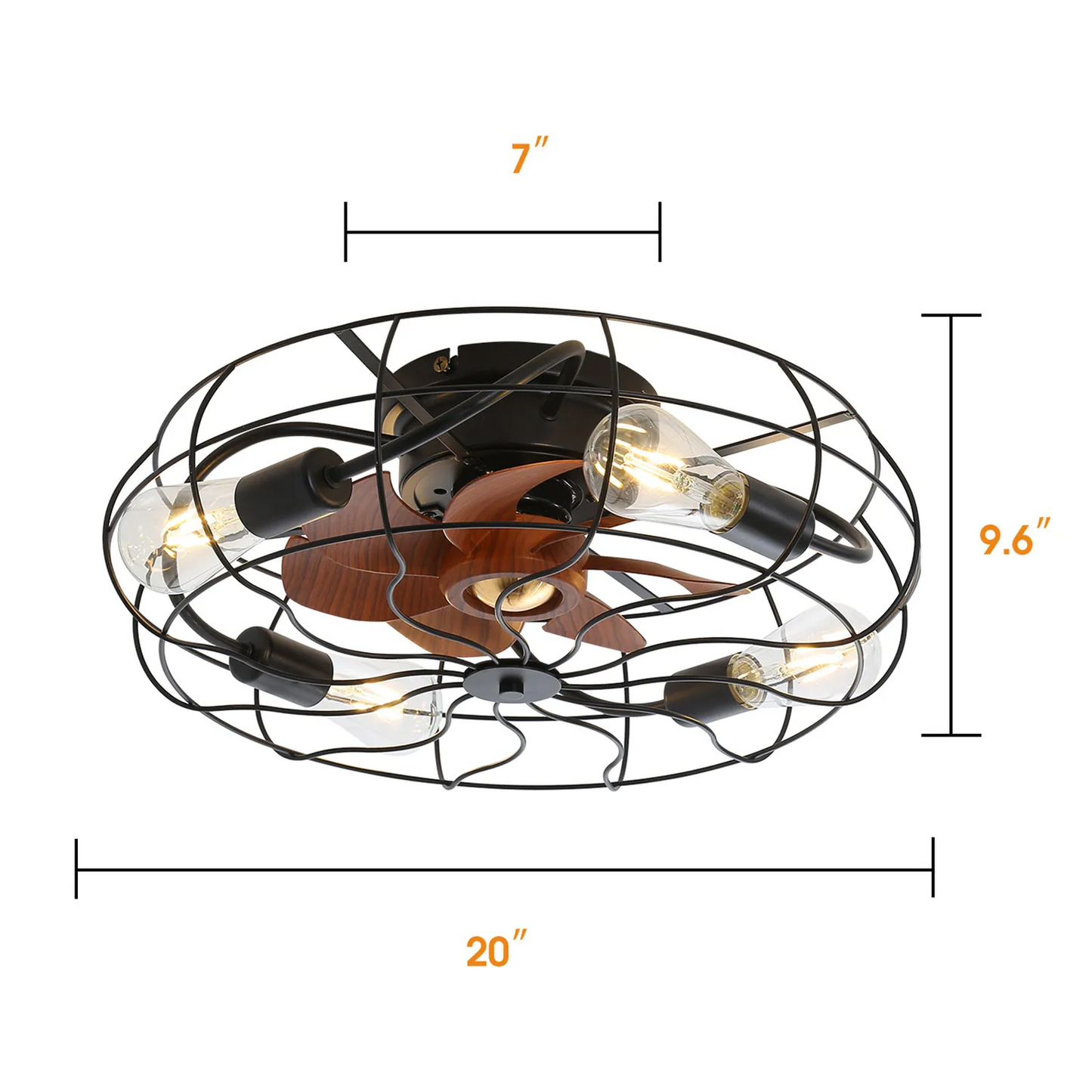 Indoor Low Profile 20 Inch Industrial 7 Blades Remote Control Ceiling Fan with Bulb Light