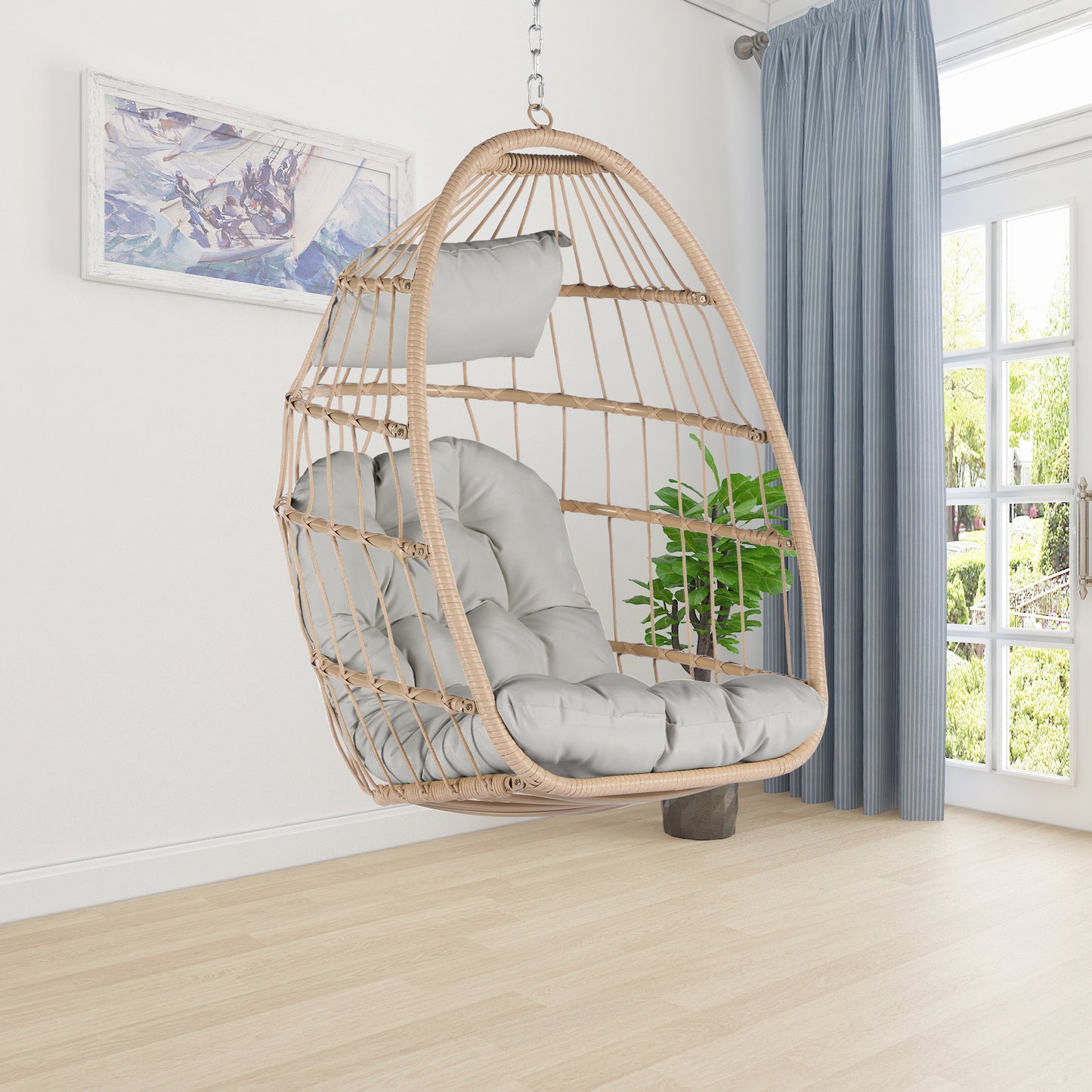 Outdoor Garden Rattan Egg Swing Chair Hanging Chair Wood+Light Gray
