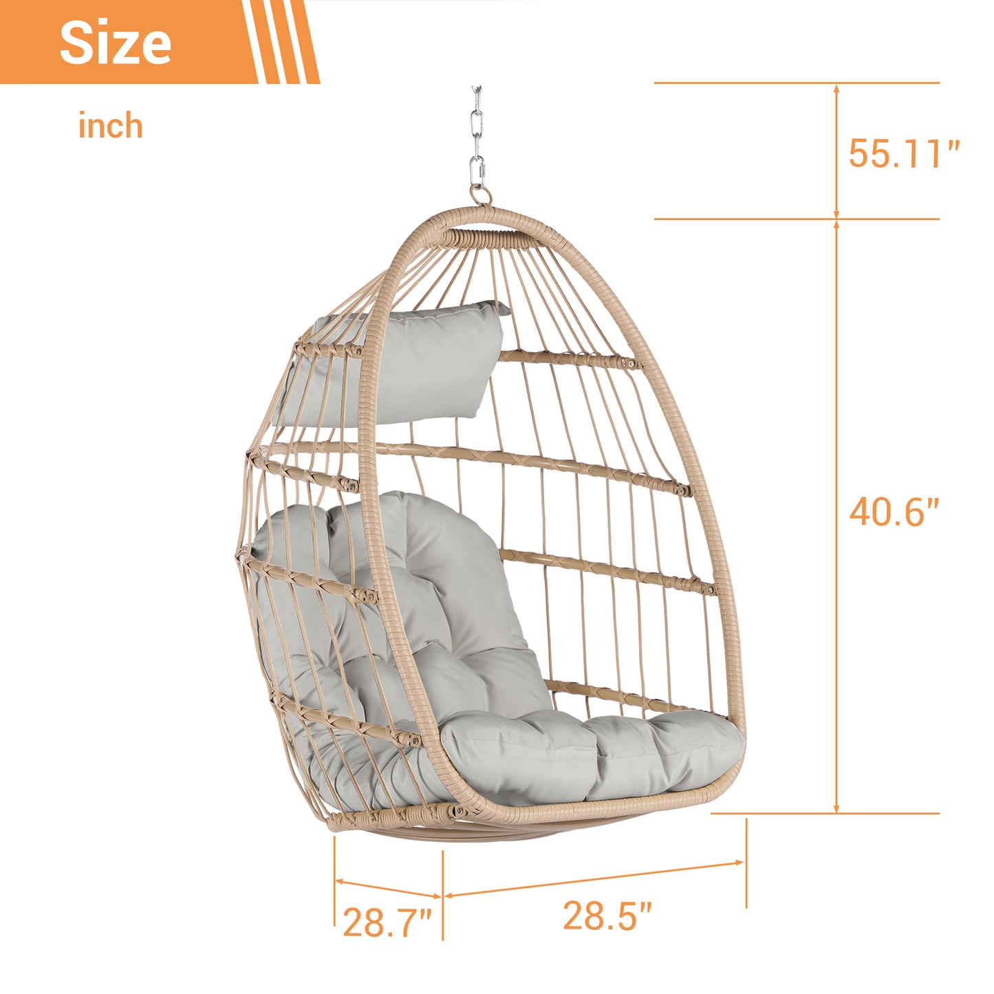 Outdoor Garden Rattan Egg Swing Chair Hanging Chair Wood+Light Gray
