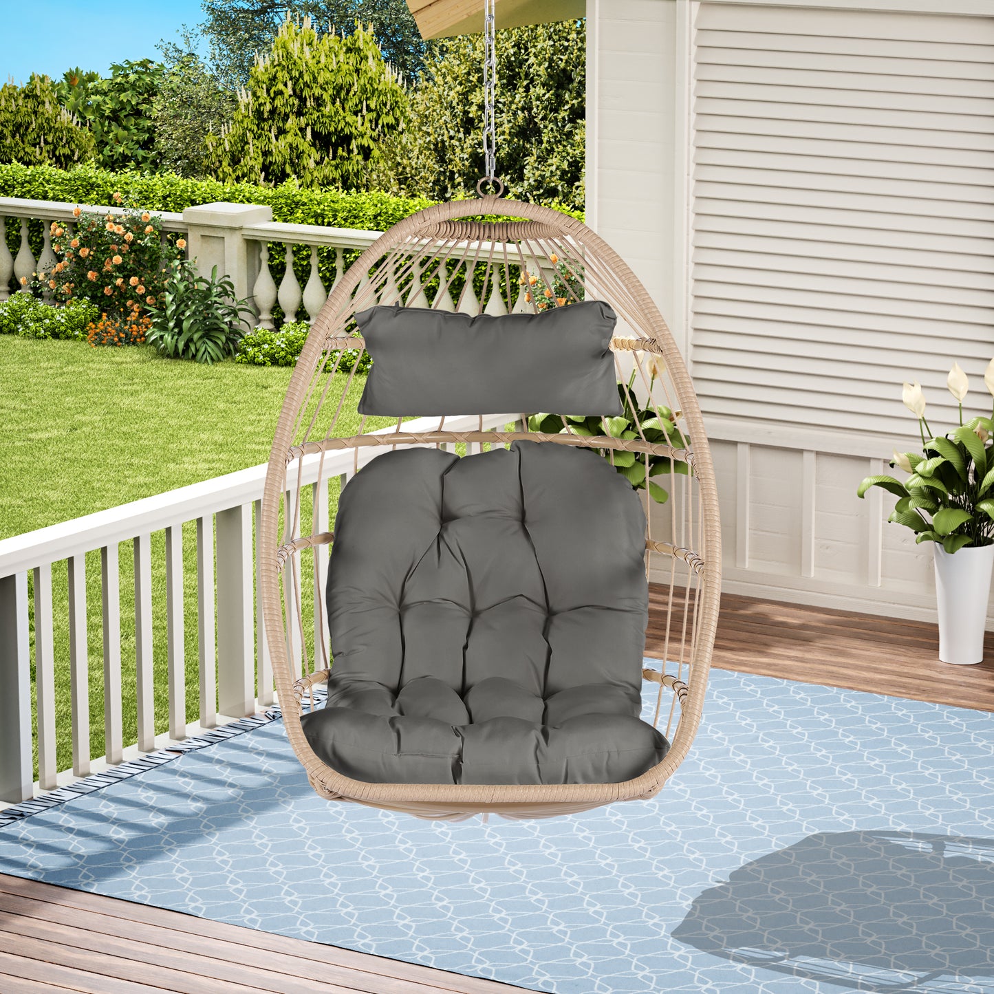 Outdoor Garden Rattan Egg Swing Chair Hanging Chair Wood+Dark Gray