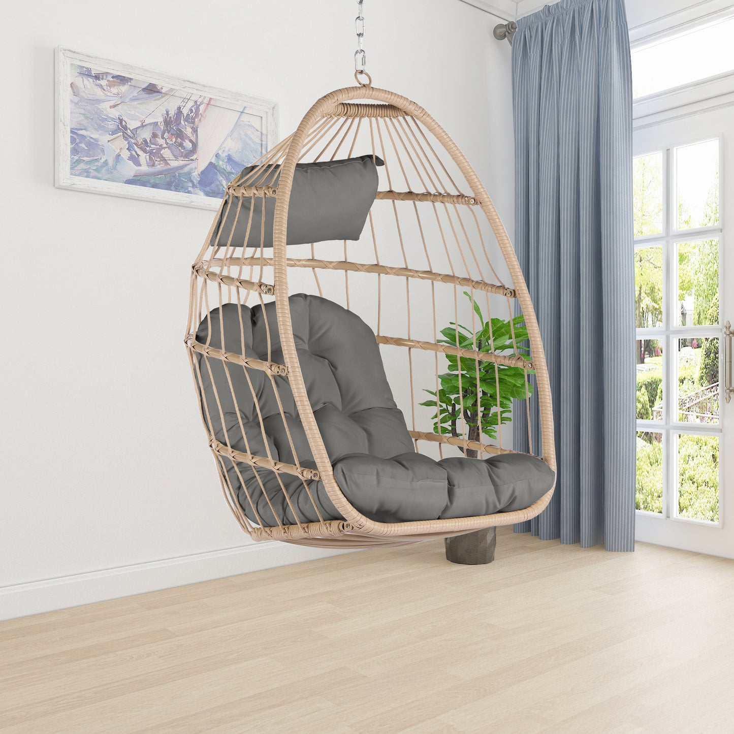 Outdoor Garden Rattan Egg Swing Chair Hanging Chair Wood+Dark Gray