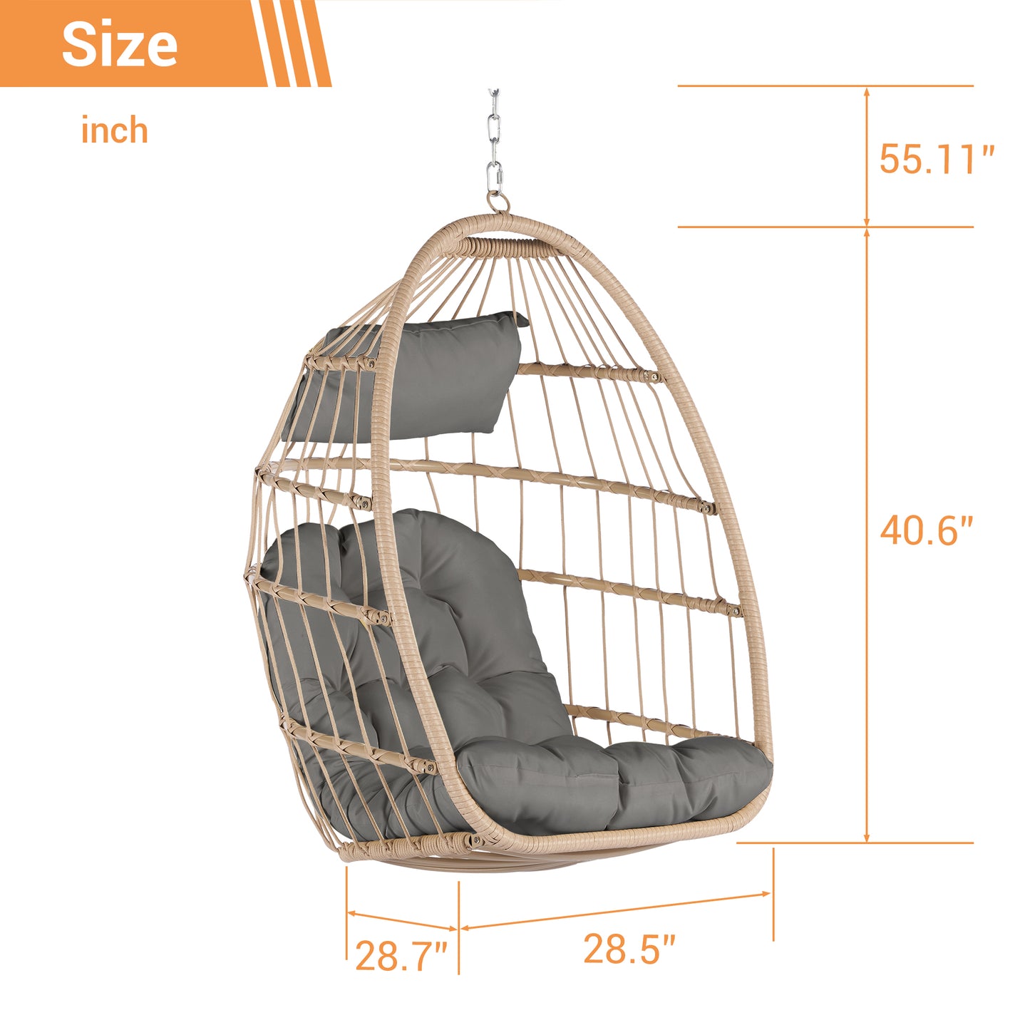 Outdoor Garden Rattan Egg Swing Chair Hanging Chair Wood+Dark Gray