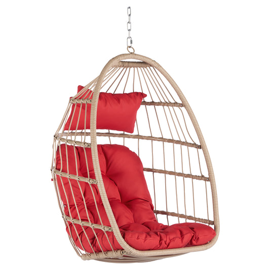 Outdoor Garden Rattan Egg Swing Chair Hanging Chair Wood+Red cushion
