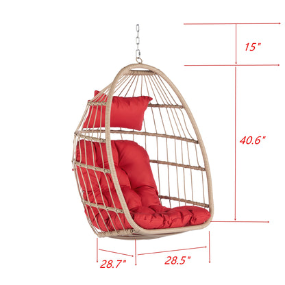 Outdoor Garden Rattan Egg Swing Chair Hanging Chair Wood+Red cushion
