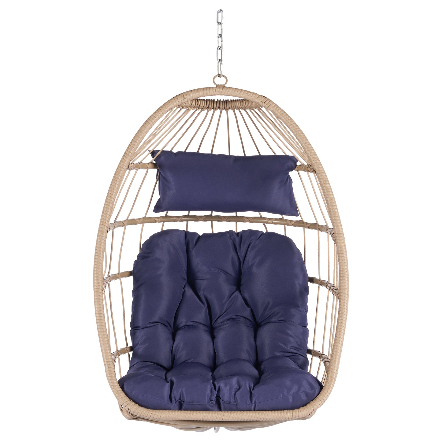 Outdoor Garden Rattan Egg Swing Chair Hanging Chair WOOD + DARK BLUE