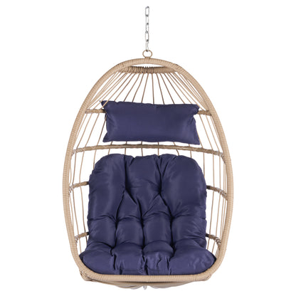 Outdoor Garden Rattan Egg Swing Chair Hanging Chair WOOD + DARK BLUE