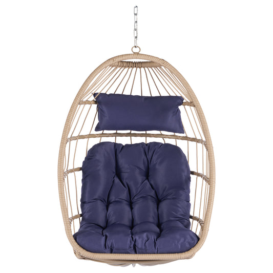 Outdoor Garden Rattan Egg Swing Chair Hanging Chair WOOD + DARK BLUE